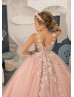 Thin Straps Pink Lace Tulle Beaded Flower Girl Dress